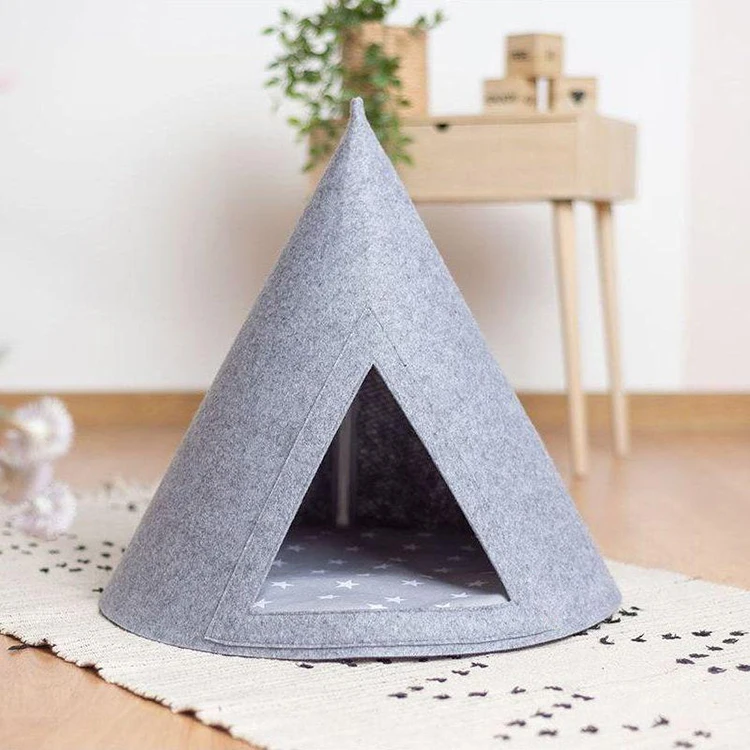 Triangular Cat Felt Tent Bed, Felted Conical Cat Nest Cave with 100% Cotton Pet Mat