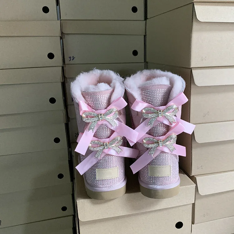 Bling Furry Winter Warm Waterproof Fox Sheepskin Fur Cover Female Snow Boots For Ladies Womens