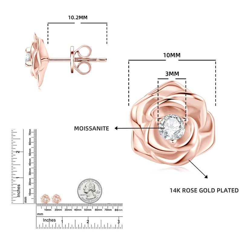 Chasau 925 Sterling Silver VVS D Round Cut 3mm 0.1ct Moissanite White Pink Three Claw Single Stone Rose Flower Stud Earrings