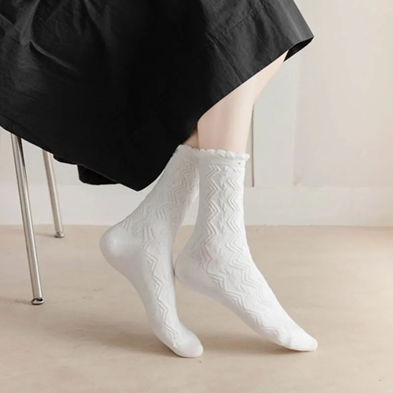 Korean Style Lolita Lace Middle Tube Solid Color Girl Socks White Frill Ruffle Cotton Fashion Socks