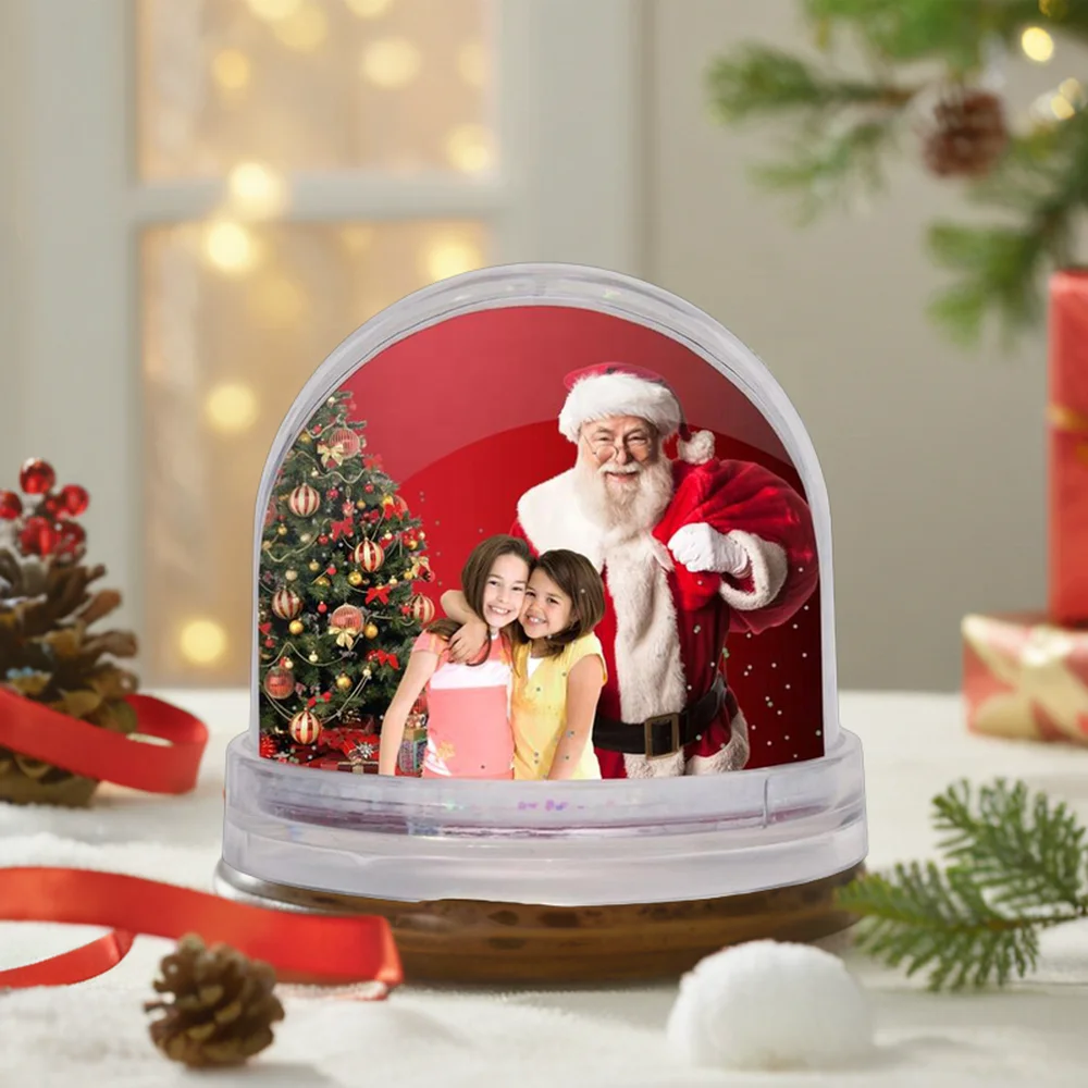 Custom Christmas Souvenir Photo Frame Kit Santa Snowman Plastic Water Snow Globe for Gifts and Home Decoration