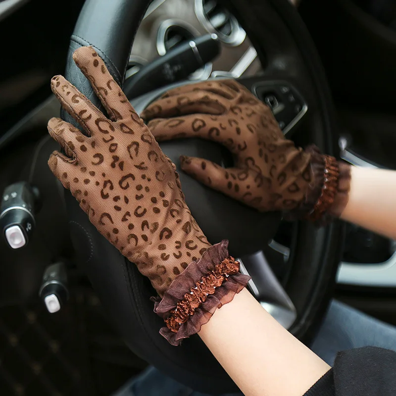 Sidiou Group Fashion Leopard Print Women Gloves With Side Lace Mesh Thin Non-slip SPF Driving UV Protection Glove