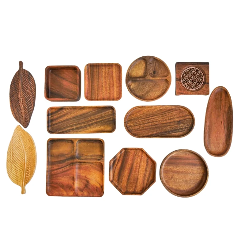 Acacia Tea Tray Serving Table Plate Irregular Shaped Oval Round Dinner Dish and Plate Rectangle Wooden OPP Modern Polished /