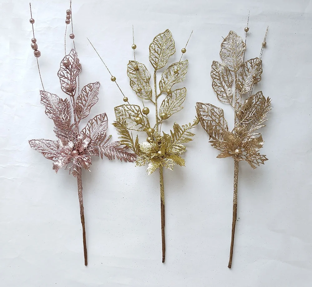 C115 2024 Hot Artificial Flower Picks Branches for Christmas DIY Ornaments Lily Flower Artificial Gold Berry Branch