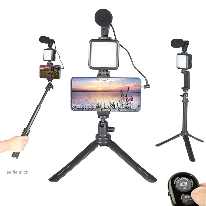 Hot selling Smartphone Video Microphone Wired Phone holder Tripod Stand LED light Vlogging kit for YouTube Tik Tok live