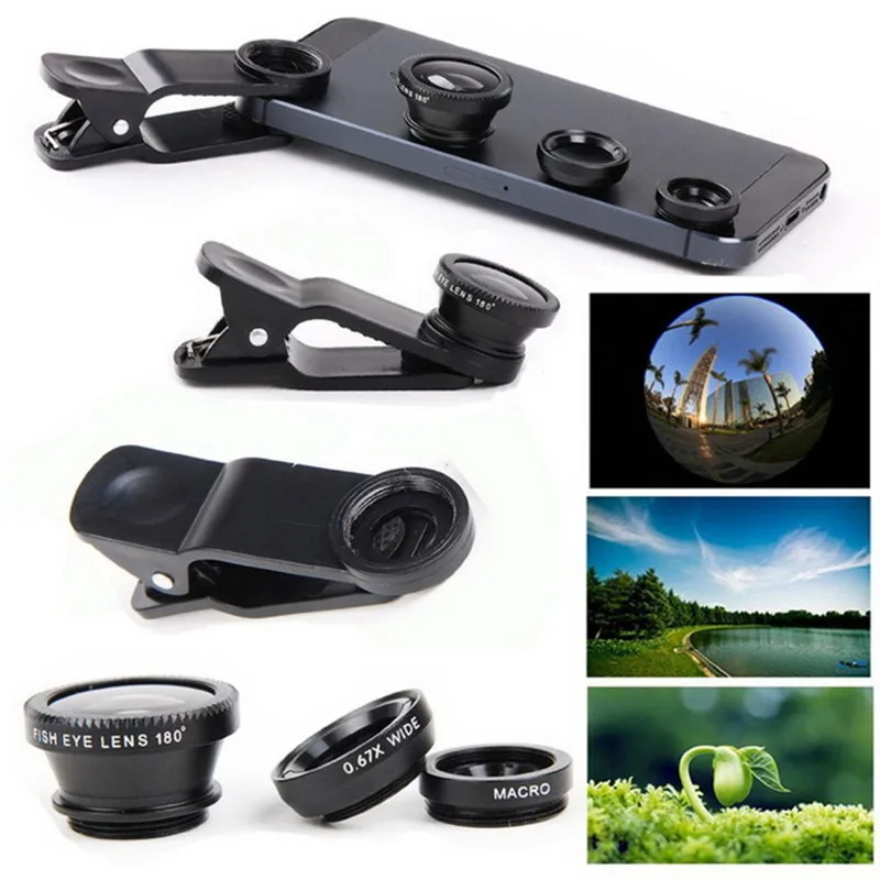 
180 Degree Fish Eye and 0.67 x Wide Angle and Marco lens 3 in1 clip on zoom Lens For mobile telephone camera 