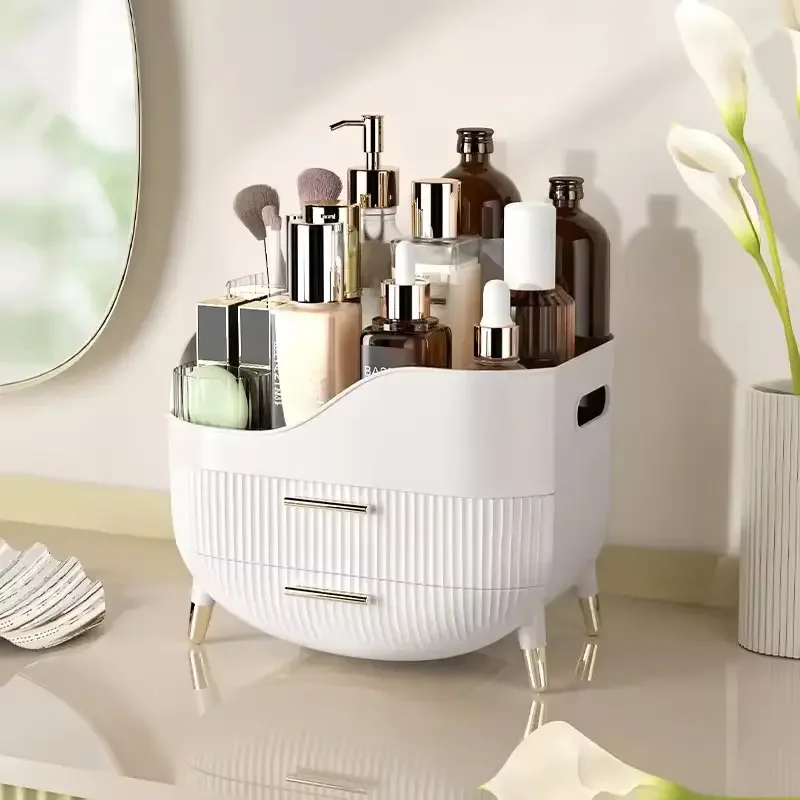 Addreen 3Pcs Set Cosmetic Storage Box Clear Cover Make Up Display Case 2 Drawer Makeup Organizer with Brush Holder Lipstick Rack