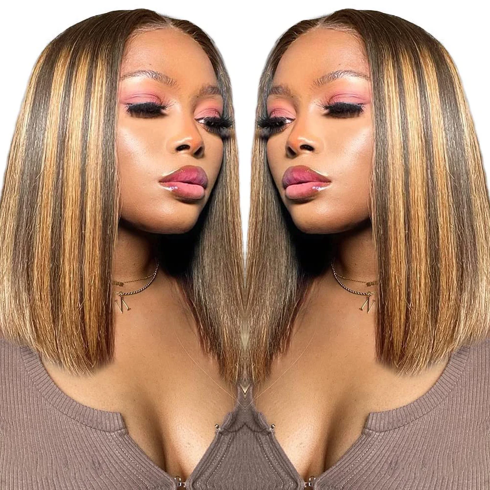 Straight Short Bob Wig Highlighted Transparent Lace Frontal Human Hair Wigs For Women Honey Blonde Ombre Highlight 13x4 Lace Wig