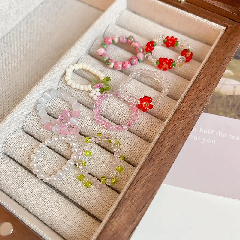 Fashion INS Korean Style Summer Girls Flower Crystal Bead Elastic Finger Ring