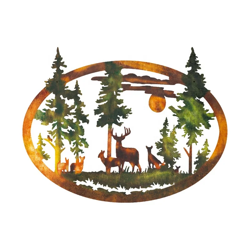 Deer Bear Mountain and Trees Metal Wall Art Indoor Outdoor Wall Decoration