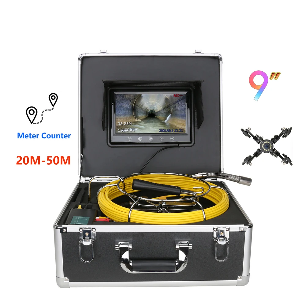 9 Inch 20M 30M 40M 50M Cable with Meter Counter Sewer Pipe Inspection Camera Drain Sewer Pipeline Industrial Endoscope System