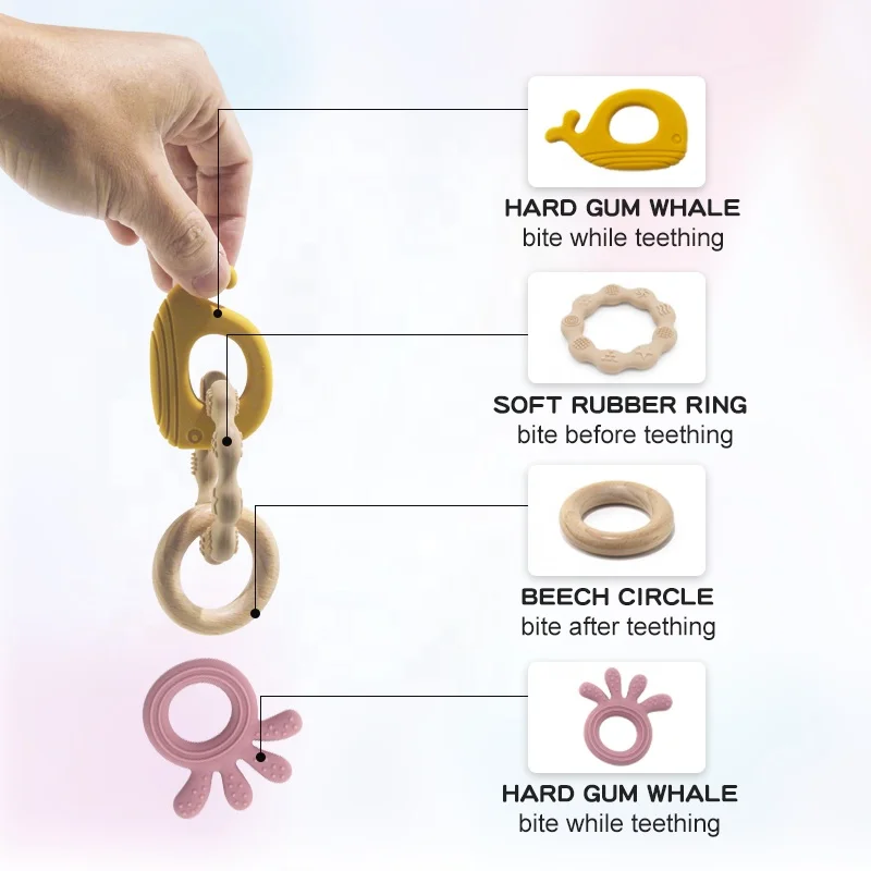 Wholesale Non-toxic Silicone Wood Ring Teether Baby chew Toys Silicone Elephant octopus whale Teething Toys For Baby