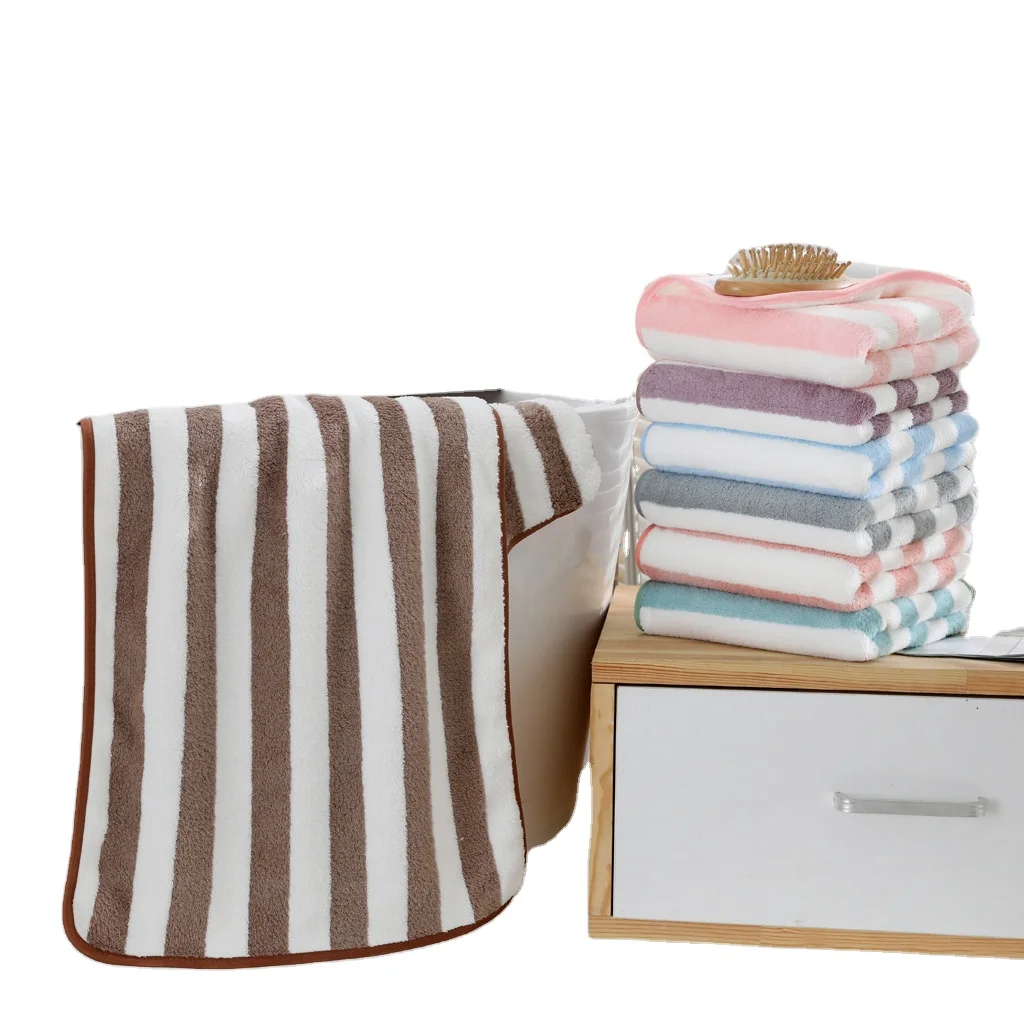 Quick Dry Stripes Design Polyester/Polyamide Coral Fleece Microfiber Bath Towel