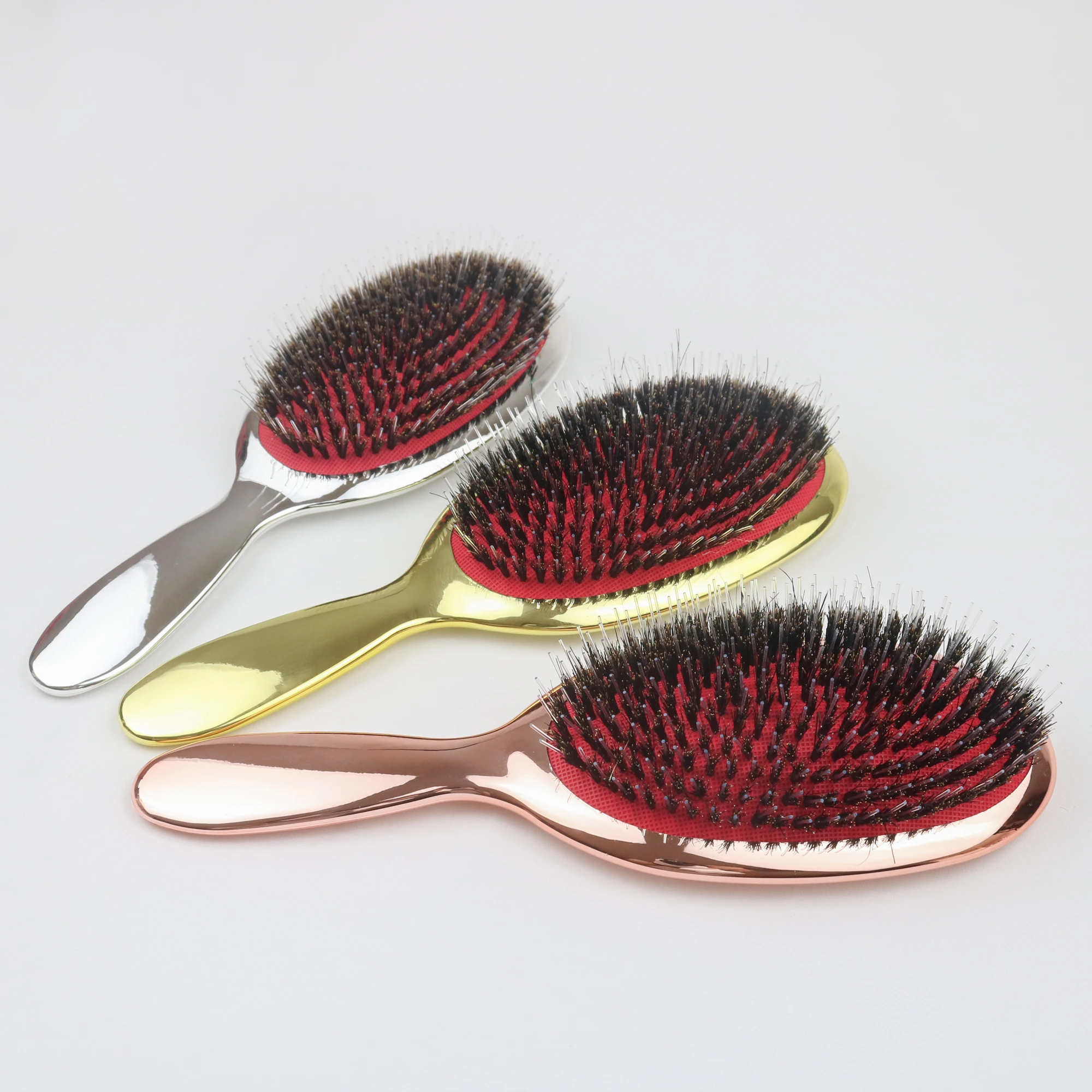 Super Hot Sale Sliver Gold Paddle Plating Anti static Boar Nylon Bristle  Massage Hair Brush