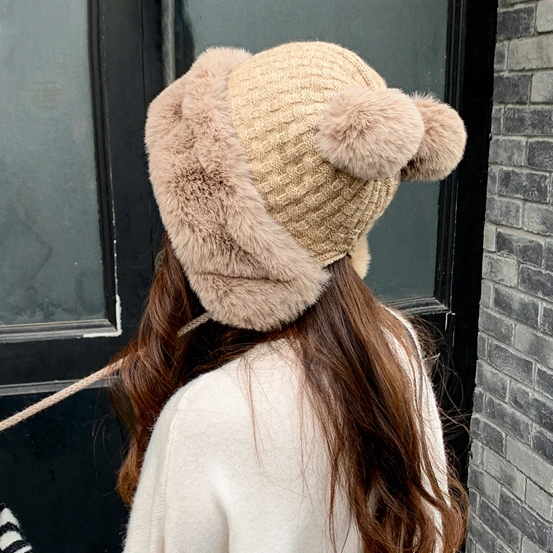 High Quality Lady Bucket Winter Hat With Ball Pom Poms Thick Sheep Cashmere Fur Beanie for Women Knit Hats