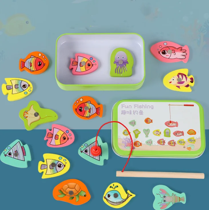 2023 Pink Wooden Magnetic Ocean Fishing Toy Game & Jigsaw Puzzle Board Juguetes Fish Magnet Toy