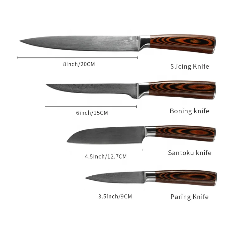 Wholesale Price 8pcs Sharp Japanese Chef Knives Stainless Steel Damascus Santoku Kitchen Knife Set  Wooden Handle