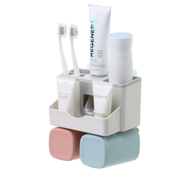 2 Cups Toothbrush Holder Wall Mounted with Toothpaste Dispenser