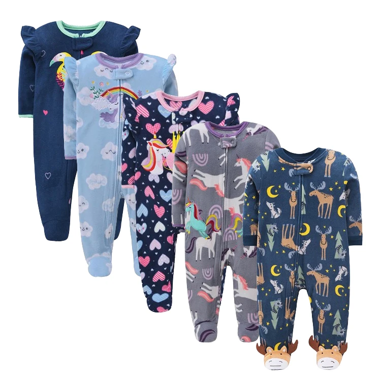 New Born Baby Cloth Winter Polar Fleece Rompers Baby Boy Girl Cartoon Foot Zipper One-piece Pajama
