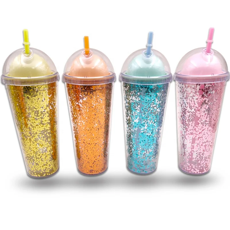Бутылка для воды с двойными стенками, Женский шейкер из полипропилена для спортзала, бутылки для питья от производителя, соломенный стакан, широкие блестки, пластиковые бутылки для кемпинга
