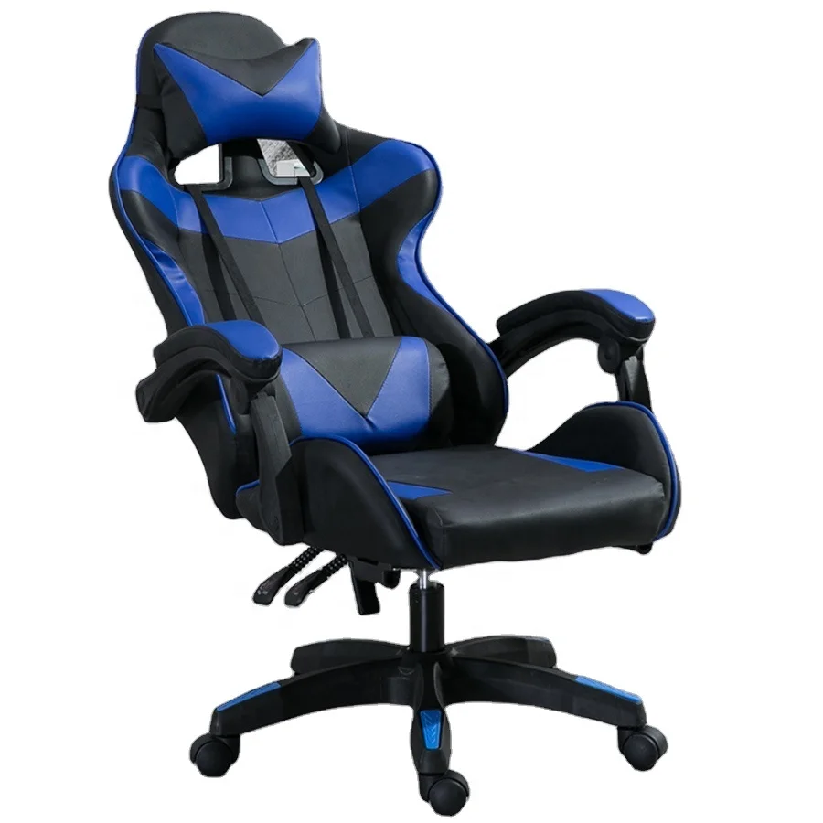 Cheap Ergonomic Black Blue Leather High-Back Executive Reclining Office Racing Gaming Chair With Footrest