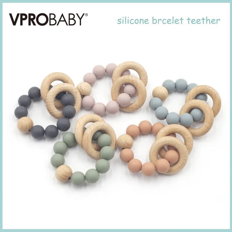 Popular Custom Multiple Color Silicone Baby Teether Toy With Wood Ring