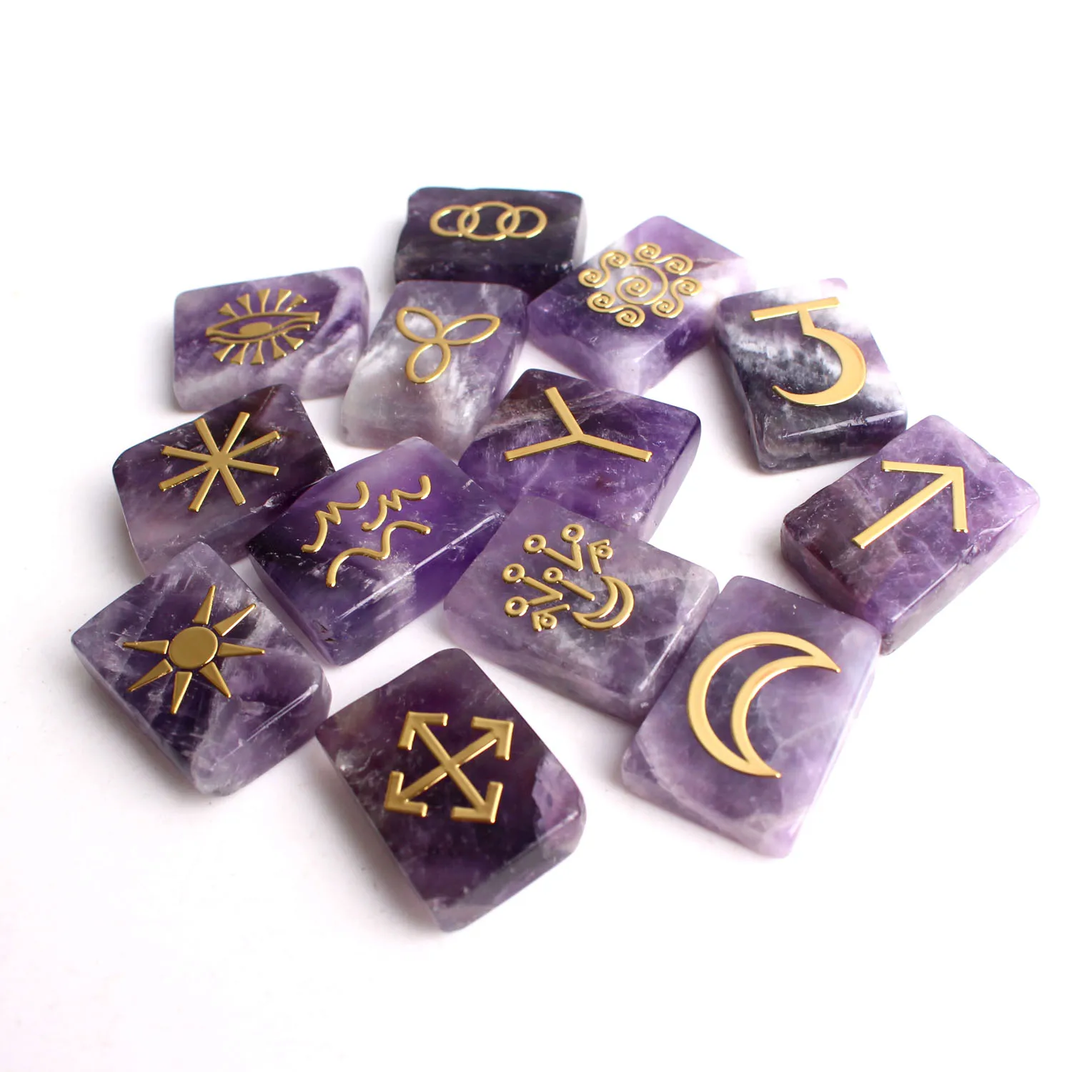 Символы, металлическая наклейка, Хрустальный ладонный камень, 13 шт., натуральный аметист, ведьмы, руны, набор для лечения, предсказания медитации