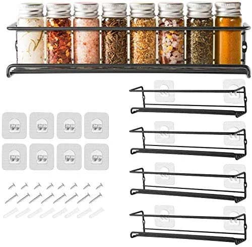 Punch-free Kitchen Fridge Cabinet Spice Rack Organizer Iron Wall Mounted Chrome 4 Tier Hanging Shelf for Spice Mason Jar