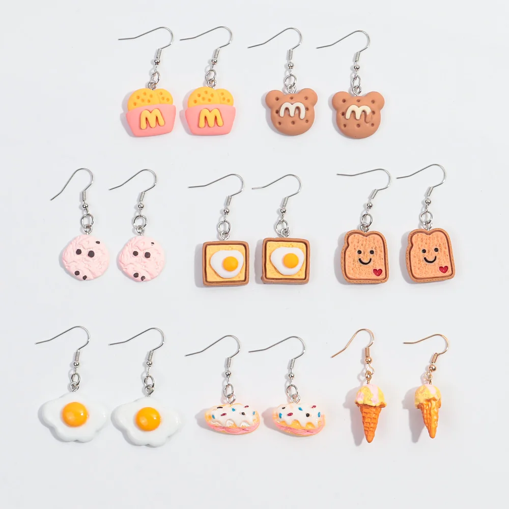 Cartoon Cute pink Bear chocolate chip cookie toast breakfast Fried egg Resin Ice Cream Mini 3D Jewelry acrylic drop earrings