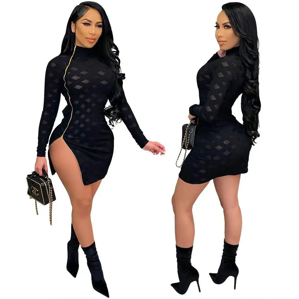 2021 new arrival sexy hollow out zipper pattern high neck split mini dress solid color asymmetrical