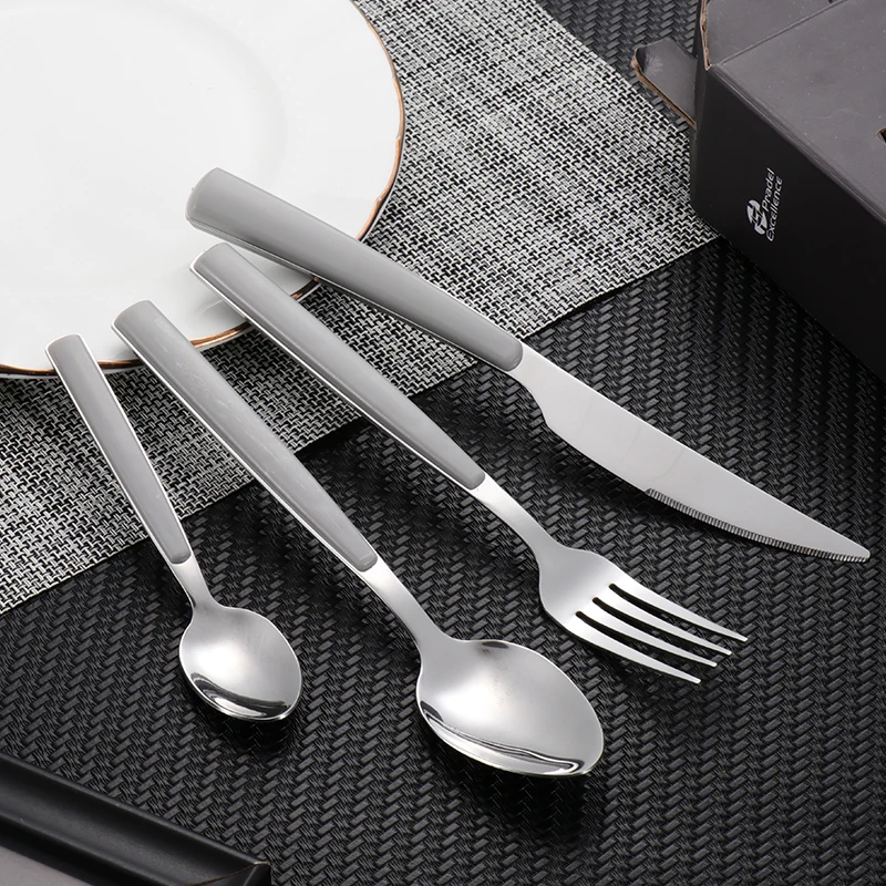 New design mirror polish 18/0 stainless steel hotel restaurant plastic handle 24pcs cutlery set