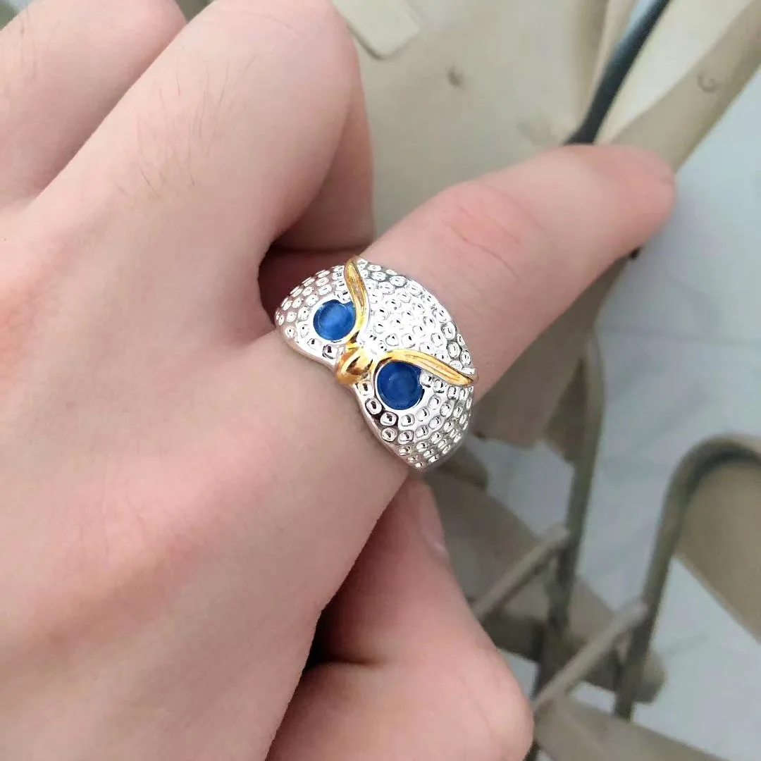 S925 Plain silver retro Blue glasses Owl accessory Ring for men and women designed owl rings