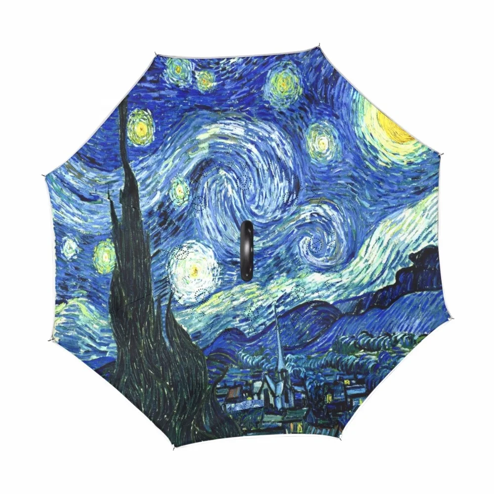 
C shape handle fiberglass double canopy reverse inverted umbrella with Van Gogh starry night Oil Painting inside 