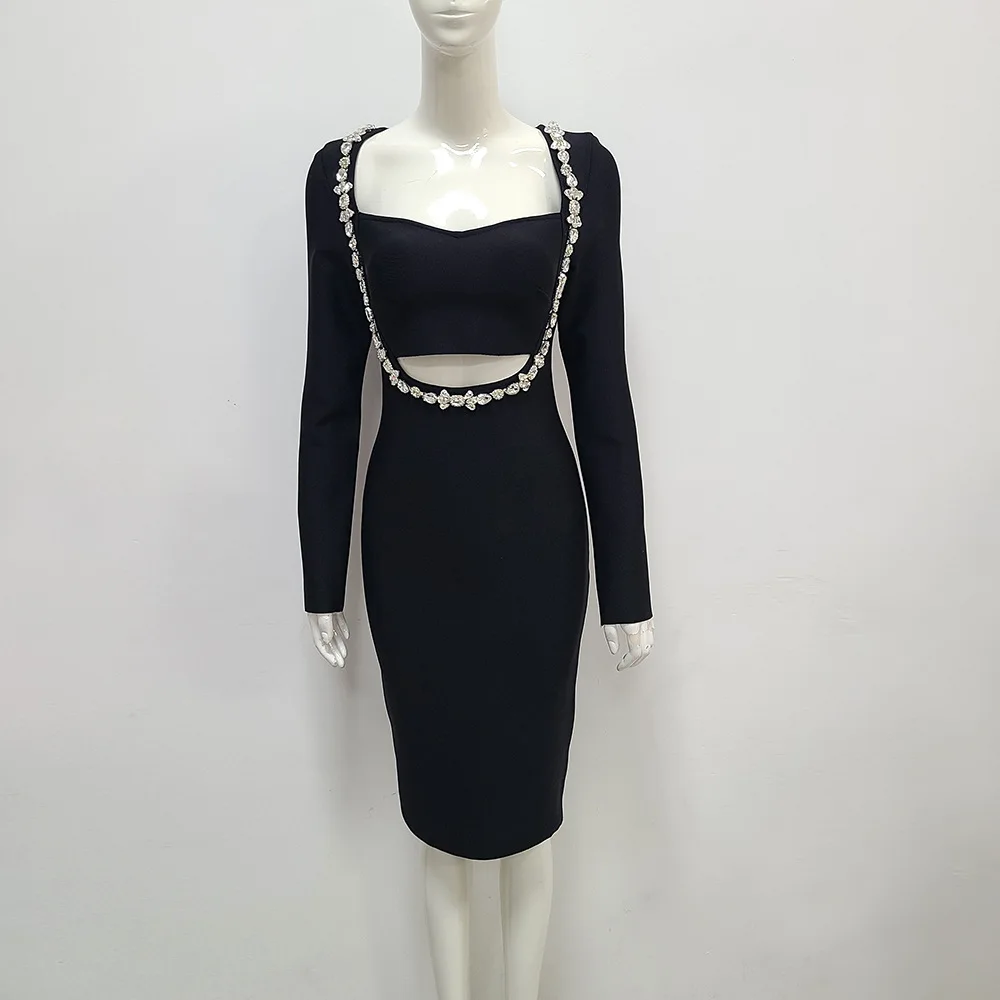 New Designer Long Sleeve Women Evening Dresses Sexy Black Hand Diamond Beading Celebrity party Wear Party Dress