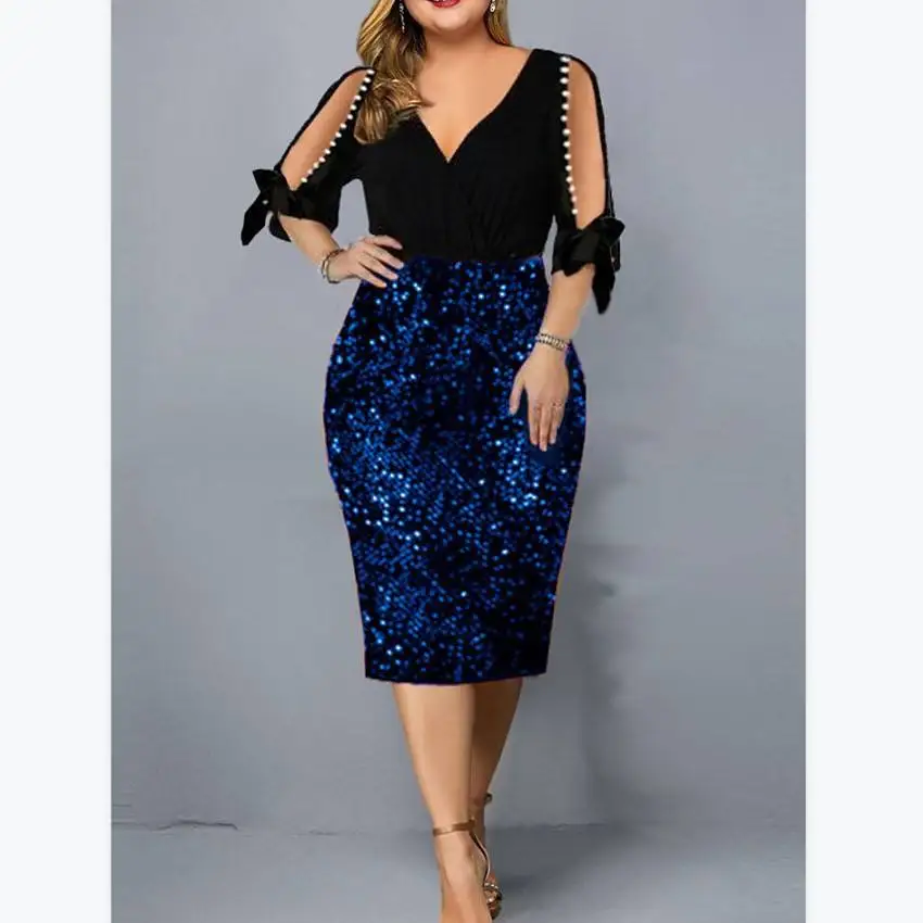 New Fashion Europe And American V-neck Personality Sequin Design Sexy Bodycon Party Dress Women Half Sleeve Plus Size Dresses
