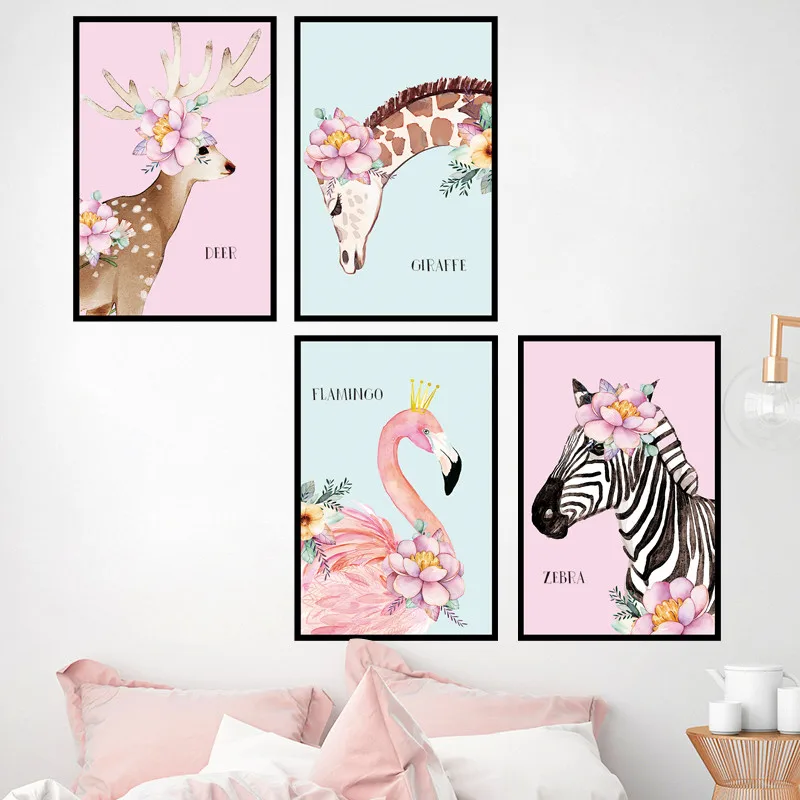 Cute Animals With Pink Flowers Wall Mural Zebra Giraffe Flamingo Wallpaper Home Decor Living Room Bedroom Removable Stickers