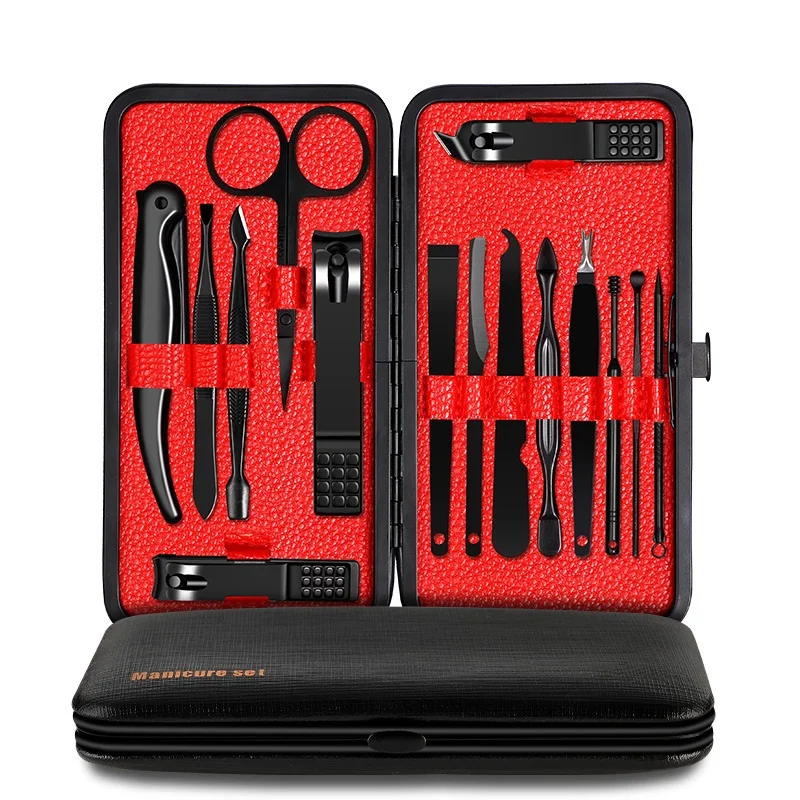 15pcs Multifunctional Black Nail Clippers Sets Stainless Steel Cutter Kit with