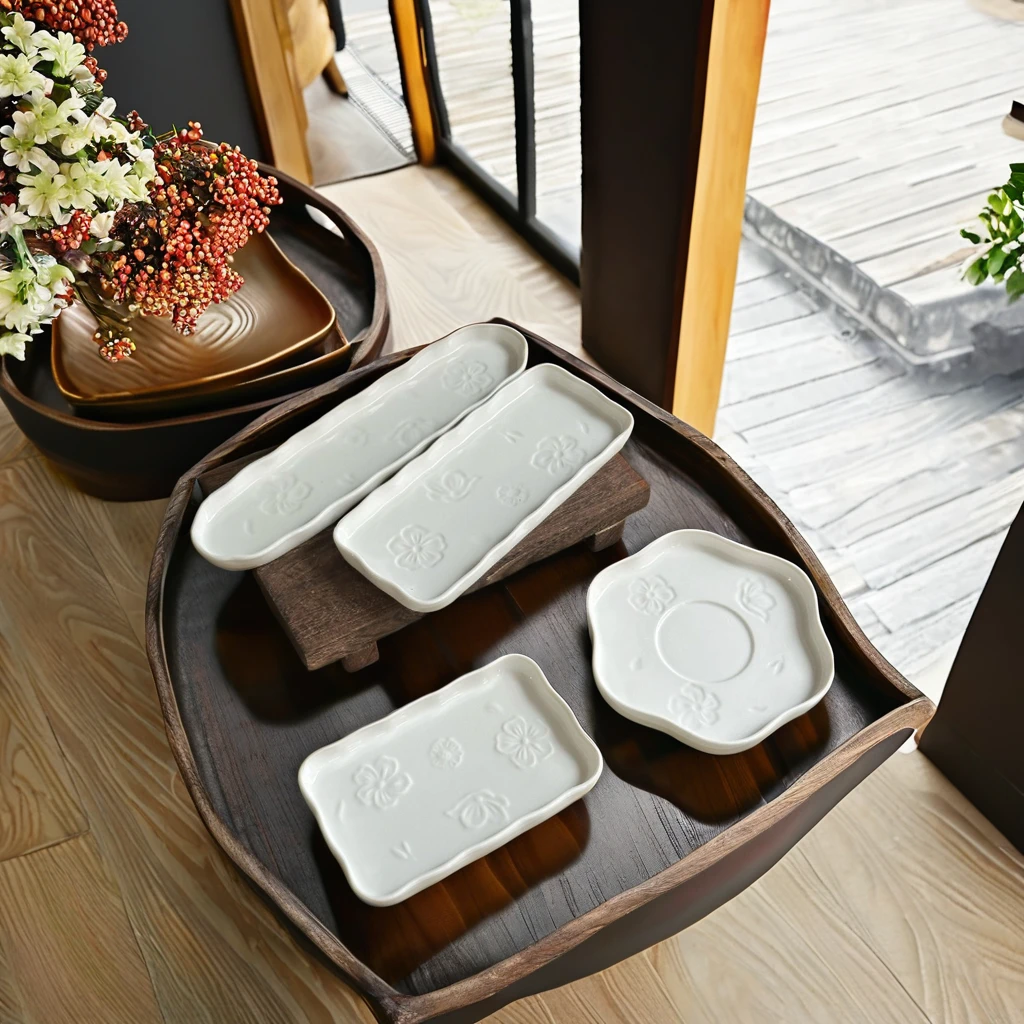 flower Style Household Ceramic Dish Plate Tray Ceramics Long Square Fruit Snack Garbage Plate