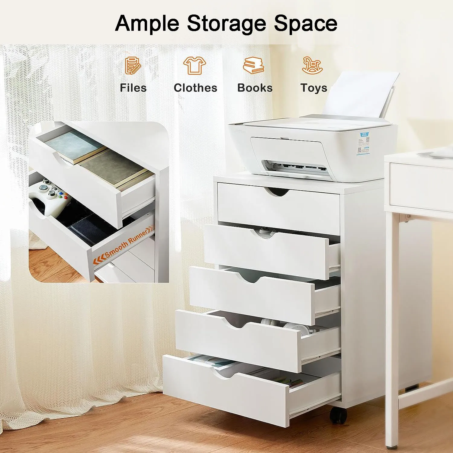 5 Drawers Dressers White Chest of Drawers for Bedroom Mobile Storage Cabinet with Wheels for Home Office Wood