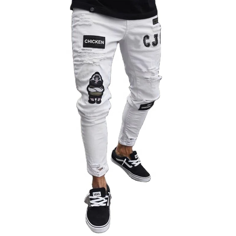 2021 male explode hip hop high-end stretch slim broken foot pants new men badge slim jeans