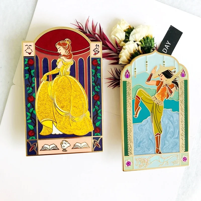 Lapel Pins Manufacturers Custom Back Stamp Belle Princess Gold Metal Plated Glitter Screen Print Fantasy Pins enamel Pins