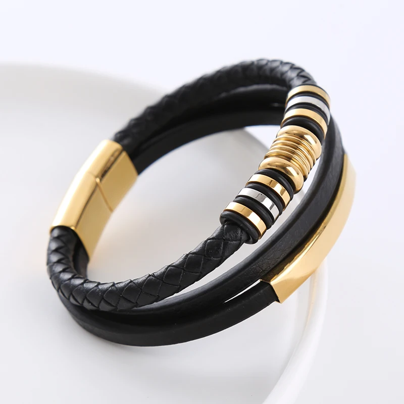 fashion jewellery wholesale stainless steel 18k gold plated blank bar men leather bracelet