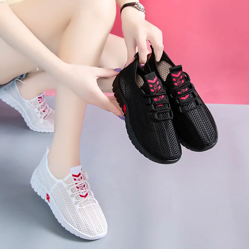 2023China Factory Seller casual shoes lady black mesh sneakers Rope Shoelaces flat shoes women 2023