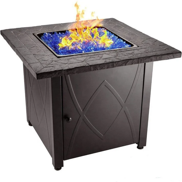 Outdoor Propane Gas Fire Pit Table Blue Fireglass square black steel