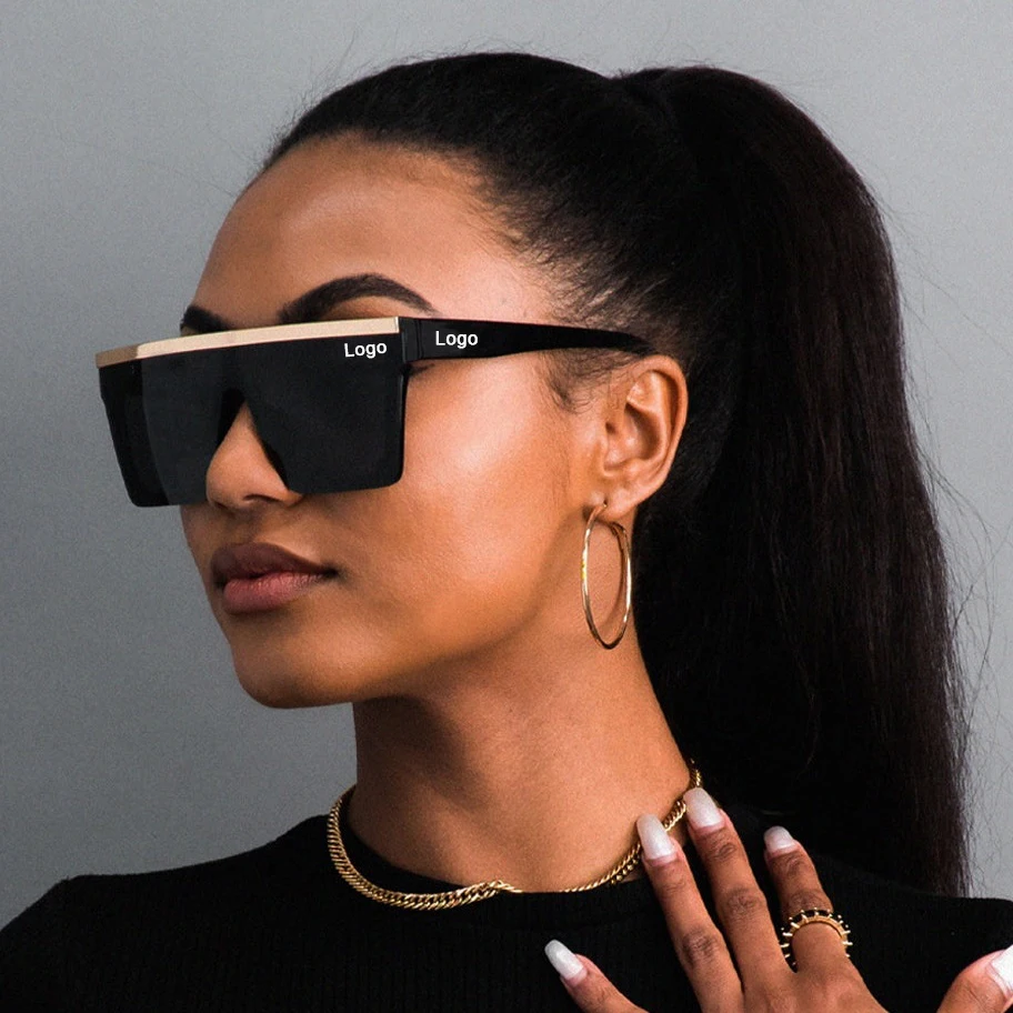 FW 30020 Fashion Gold Flat Top Retro Rectangle Sun glasses Women Men Oversized Square One Piece Mirror Sunglasses Custom Logo