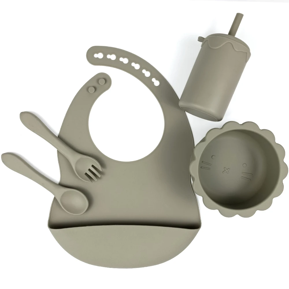 5 Pcs Silicone Baby Bib Feeding Set Baby Led Weaning Supplies Silicone Suction Bowls Straw Sippy Cup Above 6 Months