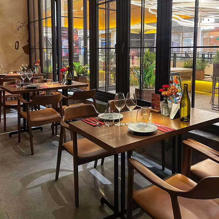 Custom retro Japanese style western restaurant pubic house music theme restaurant cafe bar solid wood table and dining chair set