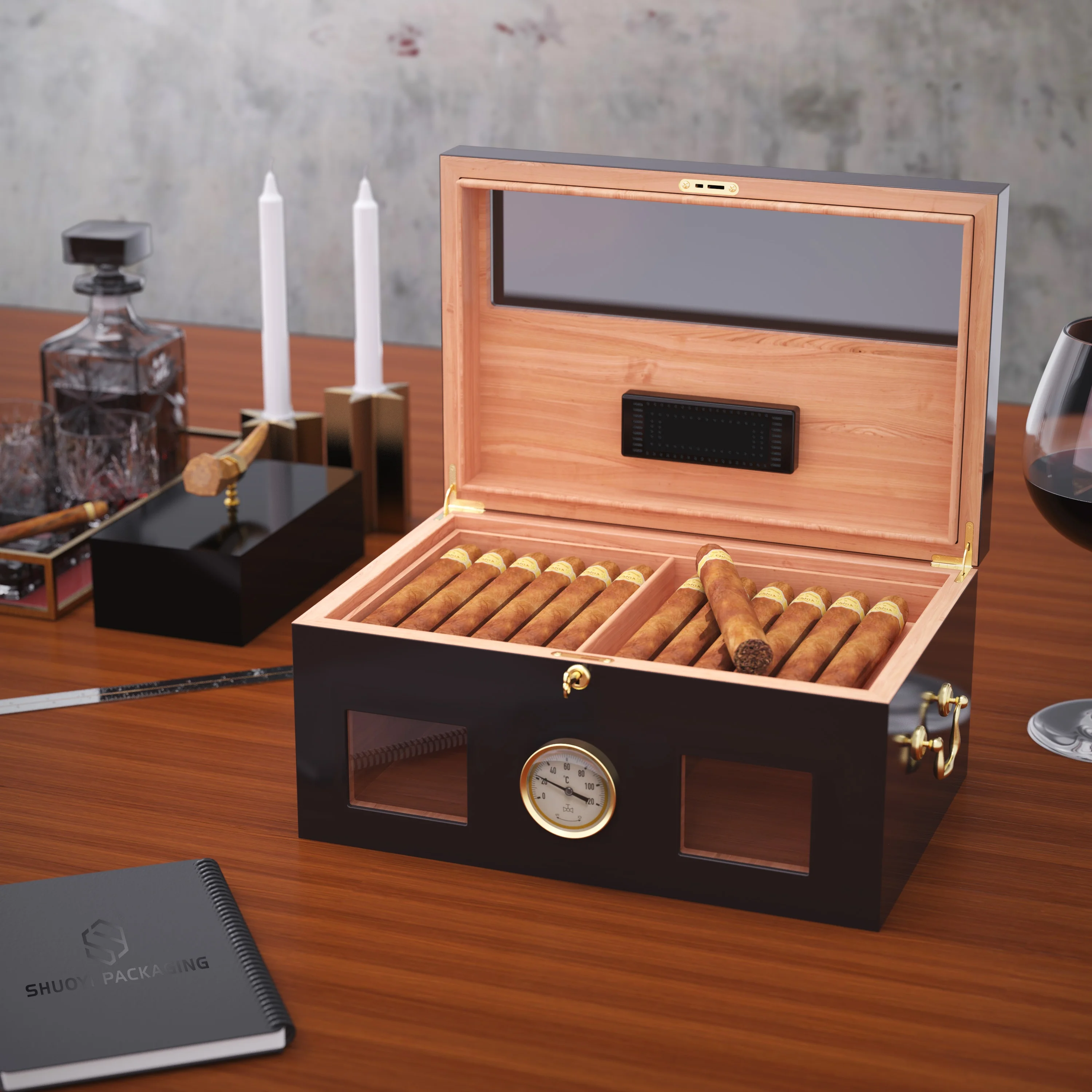 custom logo spanish cedar coaming wooden storage box cigar humidor cabinet cigar humidifier