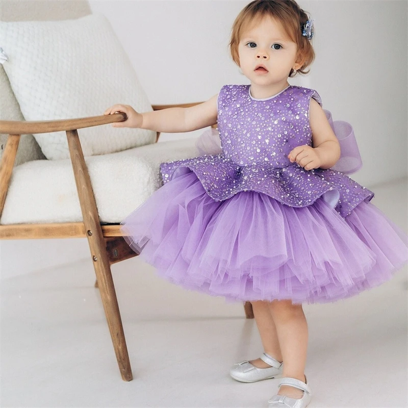 Children Girl Elegant Evening Dress Gauze Sequin Bow Flower Girls Cake Dress Toddler Baby Girls Party Bubble Dresses