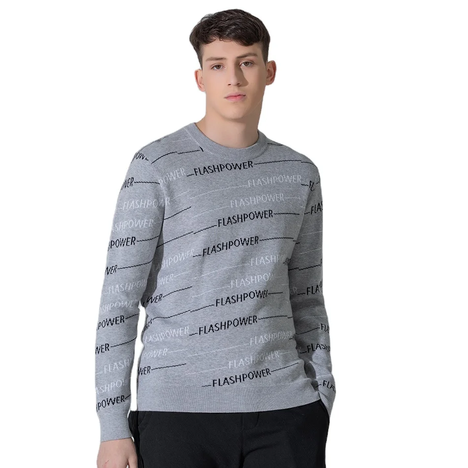 
Men 100% Cashmere Wool Cotton Sweater ODM Label Design Crew Neck Pullover Sweater With Elbow Patches With Letter 
